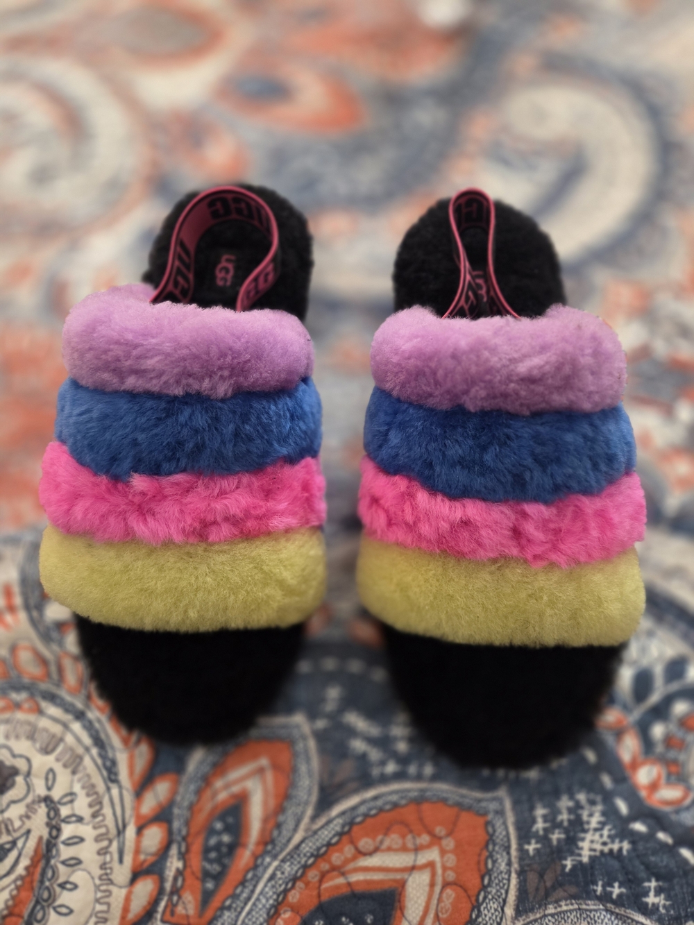 UGG Kids Multicolor Fuzzy Slide Sandals - Rainbow Stripe